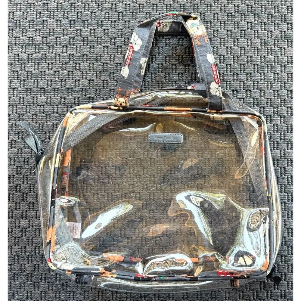 Vera Bradley Clear Vinyl Stadium or Cosmetic Bag Fabric Straps Dog Holiday Motif